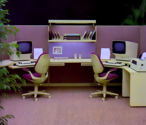 Pastels meet the '80s office Office Cubicle, Cubicle, Computer, Wall