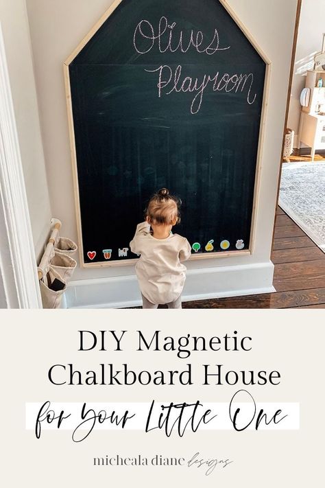 Diy House Chalkboard, Chalkboard House Wall, Chalkboard Playroom Ideas, Gray Playroom Ideas, Cricut Playroom Ideas, Playroom Photo Wall, House Shaped Chalkboard, House On Wall Playroom, Girl Playroom Decor