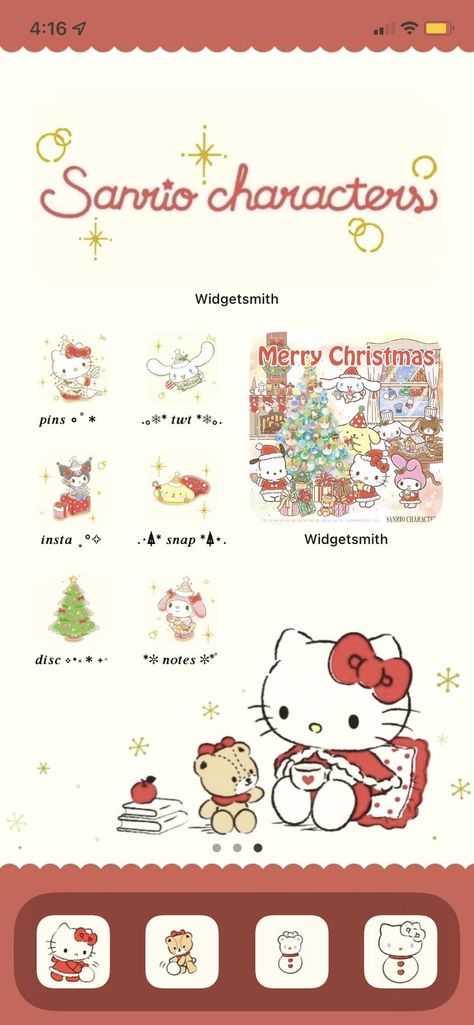 Christmas Themed Homescreen, Ios 16 Sanrio, Christmas Ios Layout, Sanrio Christmas Widgets, Christmas Wallpaper Layout, Sanrio Ios Layout, Christmas Layout Iphone, Winter Ios Homescreen, Sanrio Homescreen Layout