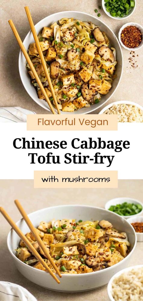 This Chinese-inspired vegan tofu cabbage stir-fry with mushrooms is savory, flavorful, and perfectly seasoned! It is packed with veggies and is healthy, filling, and incredibly satisfying. This mushroom tofu stir-fry is the perfect weeknight meal that is ready in 30 minutes. Tofu With Cabbage, Tofu Cabbage Recipes, Tofu Cabbage Stir Fry, Tofu And Cabbage Recipes, Tofu Mushroom Stir Fry, Tofu Mushroom Recipe, Cabbage Tofu, Quick Tofu, Vegan Cabbage Recipes