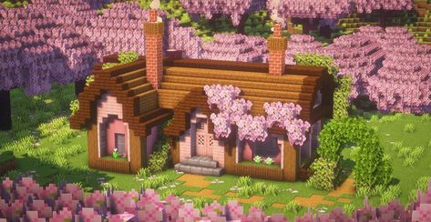 Minecraft Houses Cherry Grove, Minecraft Survival House Cherry Blossom, Cute Cherry Wood Minecraft House, Cherry Biome House, Cherry Starter House Minecraft, Cherry Biome Minecraft, Cherry Forest House Minecraft, Cherry Blossom House Ideas Minecraft, Starter Cherry Blossom House Minecraft