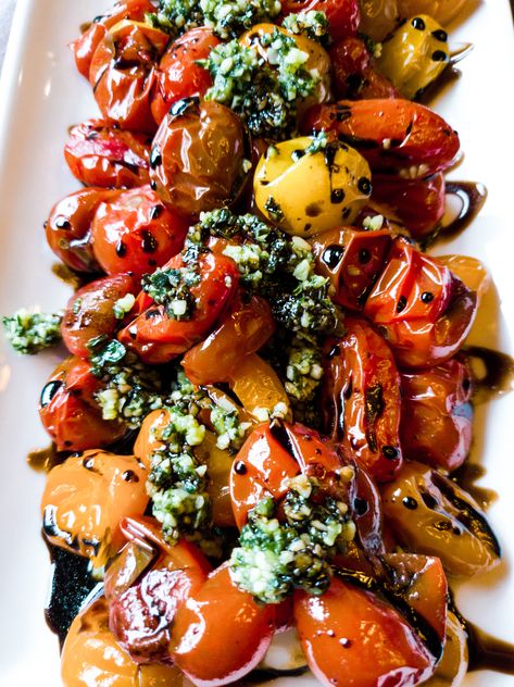 Heirloom Tomato Caprese Salad, Balsamic Tomatoes Roasted, Roasted Tomatoes Caprese, Roast Tomato Salad, Roasted Tomatoes With Goat Cheese, Charred Cherry Tomatoes With Bell Peppers And Mozzarella, Roasted Caprese Salad, Charred Cherry Tomato Salad, Roasted Tomato Salad Recipes