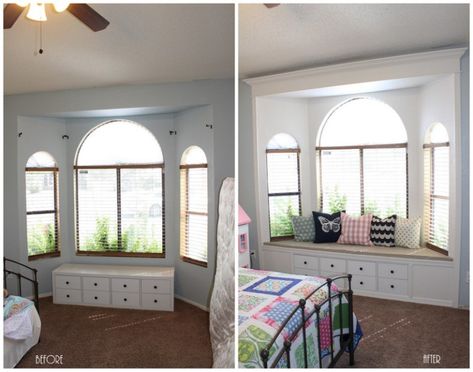 Ikea Hack: Kallax Shelf turned Window Bench (Anna’s room phase 2) | The House on Stanford Ikea Window Seat Hack, Kallax Window Seat, Diy Bay Window Bench, Bay Window Bench Seat, Bay Window Storage, Playroom Update, Ikea Window, Ikea Hack Bench, Window Storage Bench