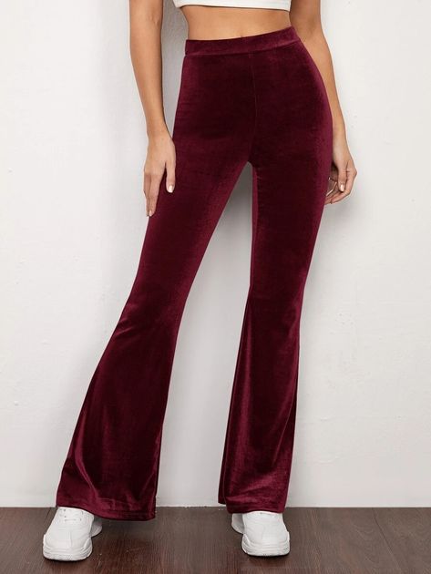 SHEIN Flare Leg Velvet Pants | SHEIN USA Red Velvet Flare Pants Outfit, Red Flare Pants Outfit, Velvet Flare Pants Outfit, Halloween Costumes For Groups, Office Wear Women Work Outfits, Red Velvet Pants, Costumes For Groups, Women Halloween Costumes, Pant Top