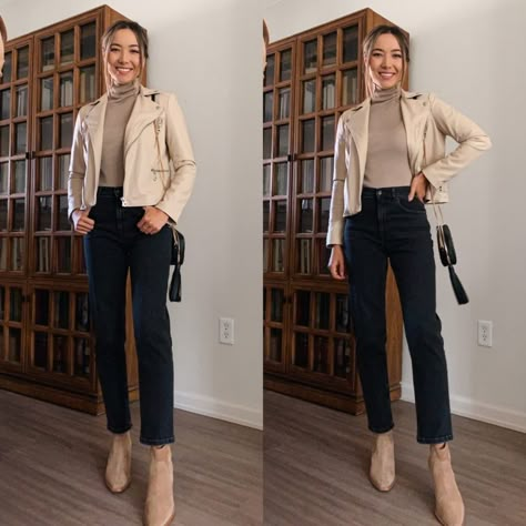 3 Ways to Style a Beige Moto Jacket for Fall - LIFE WITH JAZZ Moto Leather Jacket Outfit, Turtleneck Bodysuit Outfit, Gold Jacket Outfit, Beige Leather Jacket Outfit, Moto Jacket Dress, Beige Jacket Outfit, Life With Jazz, Motorcycle Jacket Outfit, Camel Leather Jacket