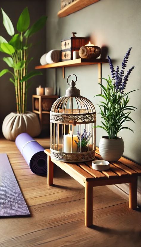 Bird Cage Decor Ideas, Yoga Corner, Minimalist Entryway, Cage Decor, Bird Cage Centerpiece, Small Console Table, Large Bird Cages, Whimsical Nursery, Cozy Reading Corners