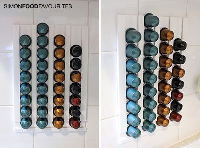 Simon Food Favourites: How to make a DIY Nespresso Pod Wall Rack for nothing (9 Mar 2012) Diy Nespresso Capsule Holder, Nespresso Pod Holder, Nespresso Capsule Holder, Nespresso Pod, Nespresso Diy, Coffee Pods Drawer, Coffee Capsule Holder, Pod Storage, Diy Rack