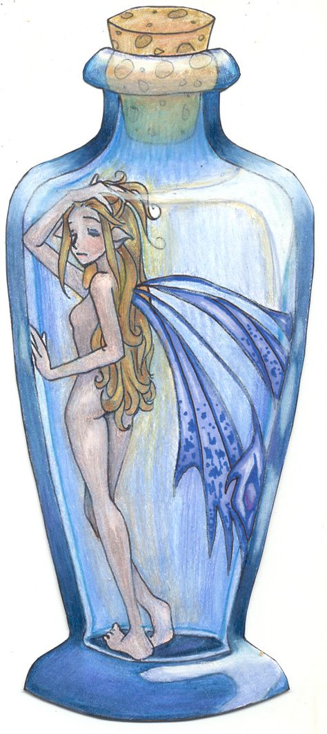 Fairy in a bottle Person In Bottle Drawing, Fairy In A Bottle Tattoo, Fairy In A Bottle Drawing, Fairy In A Jar Drawing, Fairy Sketch Pencil, Mermaid In A Bottle, Fairy In A Bottle, Fairy Sketch, Whimsical Art Paintings