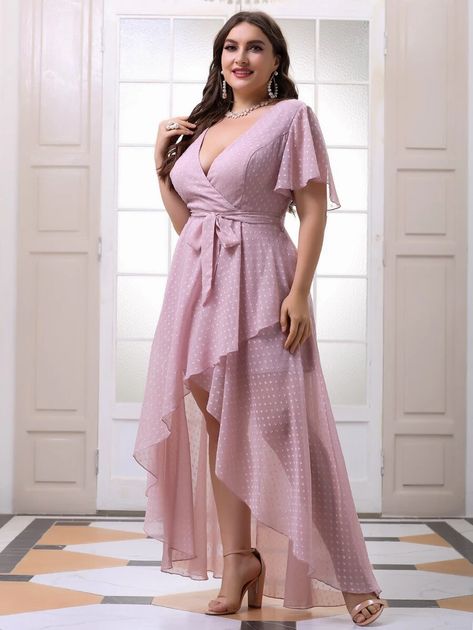 Plus Chiffon Swiss Dot Belted Asymmetrical Dress | SHEIN USA Plus Size Gala Dress, Graduation Dress Plus Size, Cute Short Dresses, Indian Party Wear, Plus Size Lingerie, Curvy Dress, Gala Dresses, One Piece Dress, Asymmetrical Dress