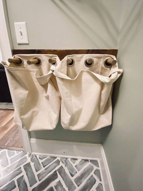 DIY Hanging Laundry Hamper Inspired by Pottery Barn - Cribbs Style Wall Hanging Laundry Bags, Hamper In Closet Ideas, His And Her Laundry Hampers, Wall Hamper Ideas, Custom Laundry Hamper, Diy Hamper Laundry, Wall Mounted Laundry Hamper, Wall Laundry Hamper, Laundry Hamper Ideas Small Space Bedroom