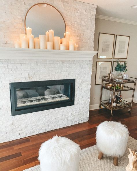 simple mantle // candles on mantle Mock Fireplace Mantle, Fireplace Mantle Candle Decor, Wooden Mantle Decor, Flameless Candle Fireplace, Candles On A Mantle, Candle Display Ideas Home, Lamp On Fireplace Mantle, Candlestick Mantle Decor, Modern Organic Mantle