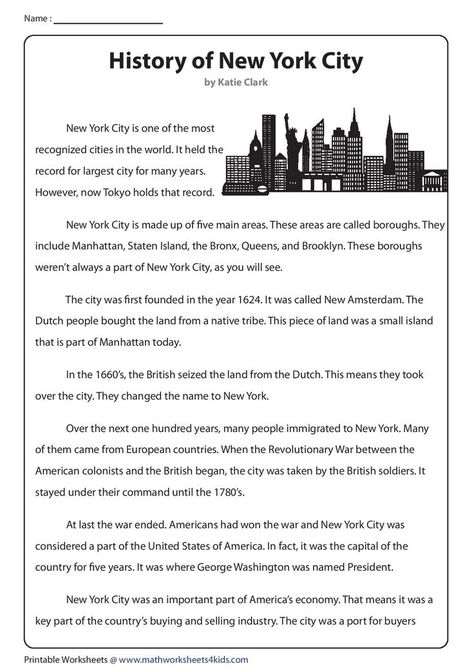 Steeped in history, New York is a key player in the economic and cultural arenas of America. This grade 5 comprehension worksheet contains questions on domain-specific words and degrees... Download the PDF file and try the interactive worksheet at the link above! #readingactivities #worksheet #worksheetsforkids #readingpassages #englishlearning #kindergartenreading Lesson English, New York History, Degrees Of Comparison, Advance English, 6th Grade Worksheets, History Worksheets, New York City Vacation, Activity Sheets For Kids, New York School