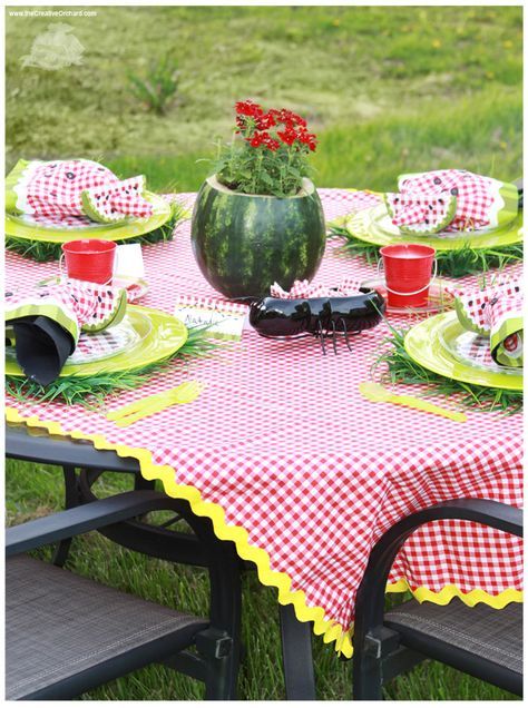 To coordinate with my Picnic Parade  party theme, I handmade these watermelon napkins . I am definitely not a good sewer yet, so I used fabr... Summer Picnic Party, Picnic Party Decorations, Strawberry Cottage, Picnic Menu, Watermelon Crafts, Watermelon Patch, Summer Tablescapes, Picnic Theme, Watermelon Party