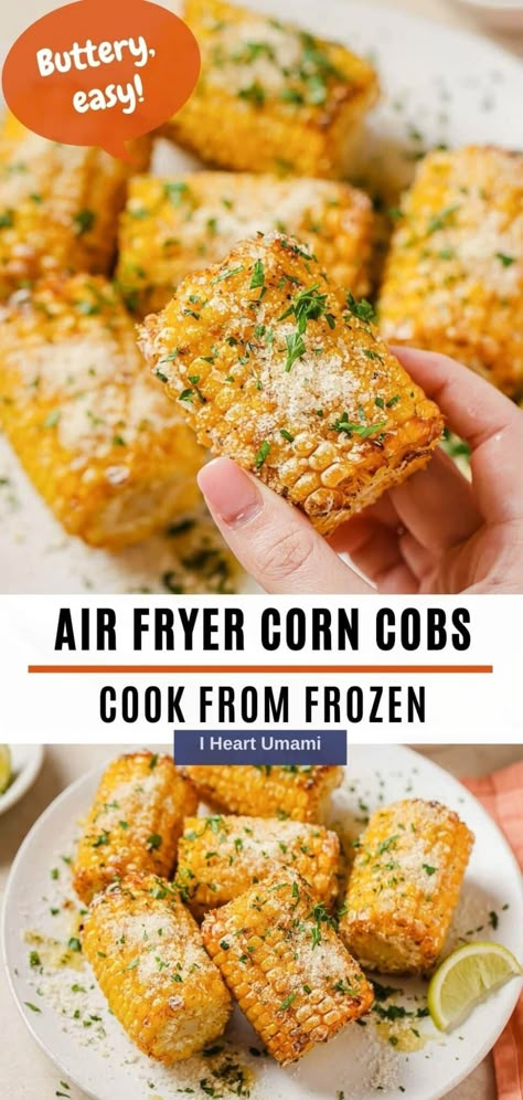 Making frozen corn on the cob in an air fryer has never been easier! Cook the corn cobs from frozen with butter sauce, juicy, sweet, and so easy! #airfrying #airfrycorn #corn #corncobs #airfryercorncobs Frozen Corn In Air Fryer, Frozen Ribs In Air Fryer, Frozen Corn Air Fryer, Air Fryer Frozen Corn On The Cob, Corn On The Cob Air Fryer Recipes, Cajun Corn On The Cob Air Fryer, Airfry Corn On Cob, Fryed Veggies, Corn Air Fryer Recipes