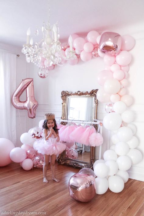 Ballerina birthday party and DIY ballet bar. | Bella's Ballerina and unicorn 4th birthday party. It's filled with so many DIY's including a ballet bar and tulle pom poms, matte balloon garland. A Darling Daydream Ballerina Unicorn Birthday Party, Ballet First Birthday Party, 4 Balloon, Ballet Birthday Party Ideas, Ballerina Balloon Garland, 4 Birthday Party Girl, Di Ballerina Theme, Ballet Birthday Party Decorations, Ballet 4th Birthday Party