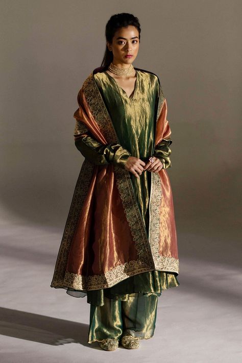 Shop for these amazing collections of Green Tissue Silk Woven V Neck Laurel Flared Kurta Pant Set For Women by Mimamsaa online at Aza Fashions. Pakistani Tissue Suits, Laam Fashion 2023, Silk Tissue Suits, Tissue Silk Dupatta, Tissue Salwar Suits, Tissue Silk Suit Design, Tissue Silk Suit, Tissue Suits Design, Tissue Suit