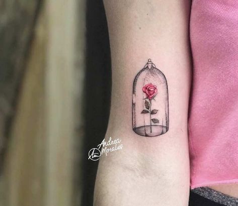 86 Rose flower Tattoos Enchanted Rose Tattoo, Enchanted Tattoo, Disney Tattoo Ideas, Beauty And The Beast Rose Tattoo, Steve Butcher Tattoo, Belle Tattoo, Beauty And The Beast Tattoo, Rose Tattoo Meaning, Beauty And The Beast Rose