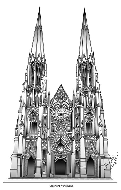 Gothic Architecture Reference, Goth Architecture Drawing, Gothic Architecture Drawing Sketch, Gothic Cathedral Drawing, Gothic Architecture Drawing Easy, Gothic Church Drawing, Gothic Church Tattoo, Cathedral Drawing, Cathedral Tattoo Design