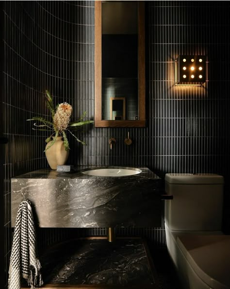 Orobico Marble, Dark Modern Interior, Flack Studio, Moody Bathroom, Masculine Bathroom, Japanese Tile, Marble Bathroom Floor, Powder Room Sink, Masculine Interior