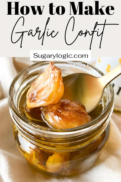 Garlic Confit is easy to make and incredibly versatile in its use. The tender cloves can be smashed onto toasted bread or tossed with pasta. Easy Garlic Confit, Canning Garlic Confit, Garlic Confit Toast, Toasted Garlic Cloves, Confit Garlic Recipe, Canned Garlic Cloves, Garlic Confit Bread, Garlic Confit Recipes Oven, Charcuterie Sides