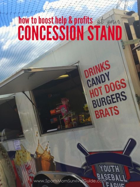 Organizing and working at a concession stand is hard work and it's not easy to get volunteers. Learn how to boost both help and profits in 8 easy steps. Concession Stand Organization, Football Concession Stand, Concession Stand Menu, Baseball Concessions, Concession Stand Sign, Concession Stand Food, Baseball Snacks, Concession Stands, Snack Stand