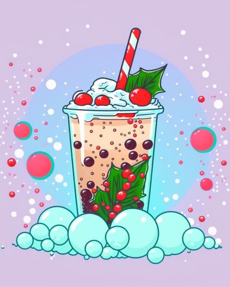 Christmas Boba, Window Paint, Happy Tea, Loaded Teas, Cute Christmas Cards, Christmas Drawings, Kawaii Christmas, Christmas Doodles, Tea Design