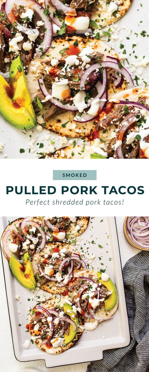 Smoked Pulled Pork Tacos - Fit Foodie Finds Pork Taco Recipe, Smoked Pulled Pork Tacos, Pulled Pork Tacos Recipe, Shredded Pork Tacos, Pork Taco, Smoked Pork Shoulder, Pork Shoulder Recipes, Fit Foodie Finds, Pulled Pork Leftovers