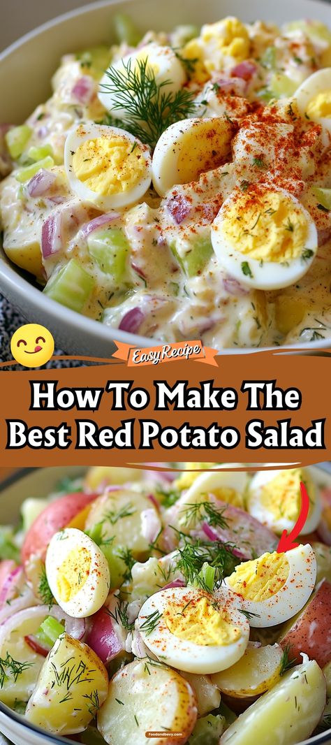 Master the art of potato salad with this guide on How To Make The Best Red Potato Salad. This version uses tender red potatoes, crisp celery, and red onions, all enveloped in a tangy and slightly sweet dressing. Ideal for BBQs and family reunions, this salad promises to be a crowd-pleaser! #RedPotatoSalad #BBQFavorite #PotatoSaladRecipe Red Potato Potato Salad, Baby Red Potato Salad, Red Potato Salad With Egg, Red Potatoes Salad, Red Skin Potato Salad, Red Potato Salad Recipe, Warm Potato Salads, Red Potato Salad, Sweet Dressing