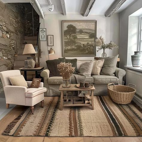 🌿 Embark on a Cozy Journey: A Living Room Tale 🛋️✨  Swipe left and step into the enchanting world of rustic serenity! Immerse yourself in the embrace of cottage core vibes, where green and beige hues dance with the timeless elegance of stone walls. 🏡💚✨  Explore the artful interplay of fabric, rustic charm, and the warm allure of light and dark brown tones.  Ready to infuse your space with the romance of country living? Dive in and let the journey begin! 🌾 Created using Ai #CottageCoreLi... Rustic Transitional Family Room, Rustic 2024 Home Decor Trends, Woody Earthy Living Room, Brown Rustic Wallpaper, Cozy Rustic Bedroom Bed Bath & Beyond, Sherwin Williams Paint Neutral, Cottage Core Vibes, Neutral Paint Colors, Living Room Update