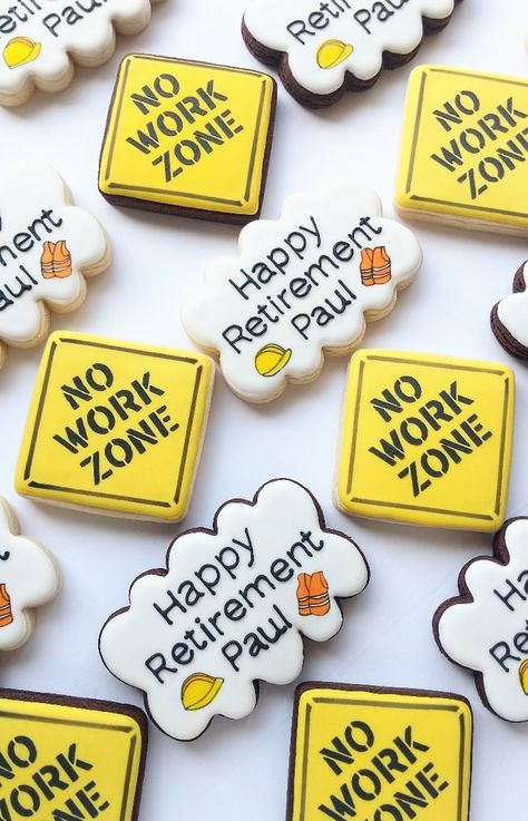 Happy Retirement Decorations Party Ideas, Winter Retirement Party Ideas, Retirement Party Foods, Retirement Dessert Ideas, Retirement Party Dessert Table, Retirement Party Decor Ideas, No Work Zone Retirement Party, Retirement Cookies Decorated For Men, Maintenance Man Retirement Party