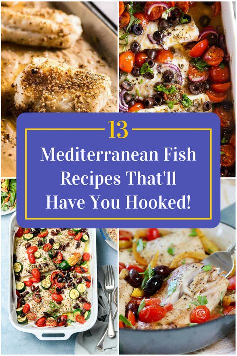 Collage of 4 mediterranean fish recipes. Mediterranean Snapper Recipes, Mediterranean Diet White Fish Recipes, Mediterranean Haddock Recipes, Make Ahead Fish Recipes, Mediterranean Fish Recipes Healthy, Mediterranean Seafood Recipes, Mediterranean Diet Fish Recipes, Mediterranean Fish Recipes, Seafood Menu Ideas