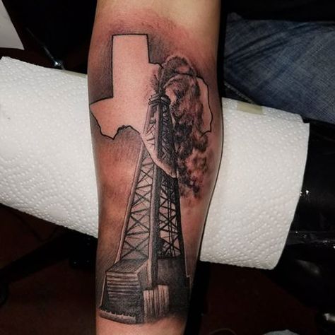 Oil Field Tattoos For Men, Drilling Rig Tattoos, Texas Oilfield Tattoos, Oilfield Tattoos For Men, Texas Arm Sleeve Tattoo, Oil Field Tattoos, Oil Rig Tattoo, Cowboy Sleeve Tattoo For Men, Oilfield Tattoos