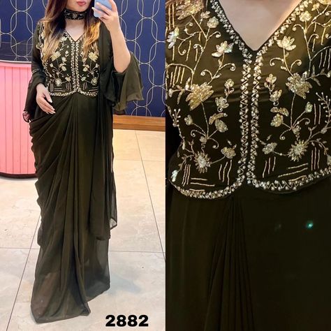 ₹1799

***. **RUTBA KHAN. **
 (Pre Draped Saree )
 2882
Fabric Description 
*Crop Top* : Stitched Georgette Fabric Top
*Size* 38-40-42-44
*Length* : 17

*Skirt* Stitched Predrape Saree Having Stitched Pleats and pallu
*Length* 46

Accessories: Belt Extra 

* Price : 1799*
(Ship Extra)

*Imp*
READY TO WEAR  SAREE 😍

*  READY TO DISPATCH*

_____________________________

*Note:*

⏩ COD (Cash On Delivery) not available

⏩ To Book/Order on Whatsapp, Please Click here https://wa.link/tjwvjz 

⏩ P... Designer Semi-stitched Pre-draped Saree With Motifs, Black Georgette Pre-draped Saree For Designer Wear, Diwali Black Georgette Pre-draped Saree, Black Georgette Pre-draped Saree With Resham Embroidery, Black Semi-stitched Georgette Pre-draped Saree, Ready To Wear Saree, Drape Saree, Georgette Fabric, Kurti Designs