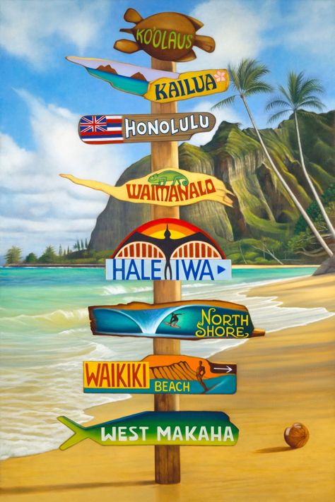 NEW oil painting Oahu signpost handmade vintage signs. Each sign was first painted on original beach wood found on Hawaiian beaches. The background depicts my beloved Koolau mountains. The location where the sign post stood is one of my favorite spots on Oahu, close to where I live and paint. A vintage-inspired design and color palette evoke a feeling of retro Hawaii, with images of surfers, Hawaiian flag, iwa bird and lazy Waimanalo Jackson cameleon. A piece of Hawaii to take home for those who love and miss it! Hawaiian Art Painting, Hawaiian Signs, Wood Beach Signs, Tropical Signs, Hawaii Background, Beach Signage, Hawaiian Interior Design, Koolau Mountains, Hawaii Sign