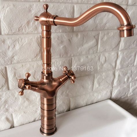 Antique Red Copper Brass Kitchen Bathroom Vessel Sink Single Hole Basin Swivel Spout Faucet Dual Cross Handles Water Tap arg055 Outdoor Shower Fixtures, Copper Faucet, Copper Bathroom, Bath Sinks, Copper Handles, Sink Mixer Taps, Brass Kitchen, Red Copper, Half Bathroom