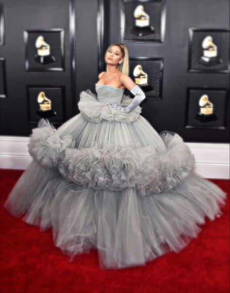 Ariana Grande Grey Dress, Ariana Grande Grammys 2020, Ariana Grande Grammys, Poofy Dresses, Matric Dress, Grammys 2020, Poofy Dress, Big Dresses, Famous Dress