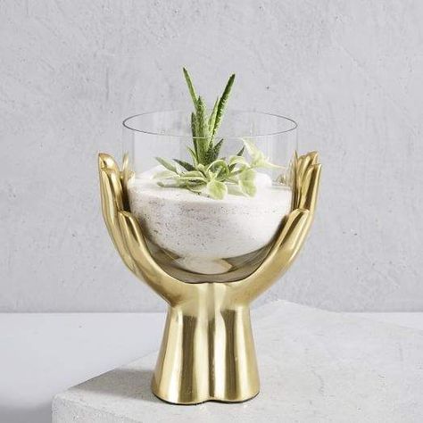 Brass Hands Terrarium. Modern tabletop decor #modern #homedecor #mystyle Wallscape Planters, Ny Apartment, Plant Friends, Modern Planters, Planter Stand, Metal Planters, Elegant Home Decor, Humble Abode, Home Trends