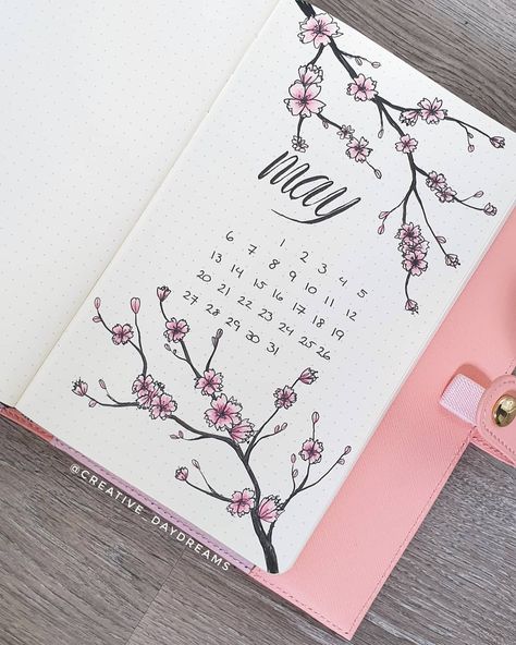 Cherry Blossom Journal Theme, Cherry Blossom Journal Ideas, Bujo Cherry Blossom Theme, Bujo Sakura Theme, May Journal Ideas Cover, May Cover Page Bullet Journal, My Diary Ideas, Cherry Blossom Bujo, Bullet Journal Ideas May