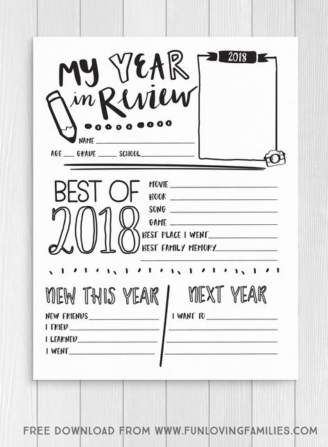 Use this Year in Review printable template and coloring page to help your kids reflect on 2018. It's a fun kids activity for the end of the year and something you'll want to keep for years to come. Click through for free Year In Review printable PDF. #2018 #yearinreview #newyearsactivity #2018coloringpage #yearinreviewquestionnaire #newyearseve New Year Eve Kids Activities, Year In Review Printable, Bible Family Tree, My Year In Review, Family Tree Printable, Kids New Years Eve, New Year's Eve Activities, New Years Activities, End Of Year Activities