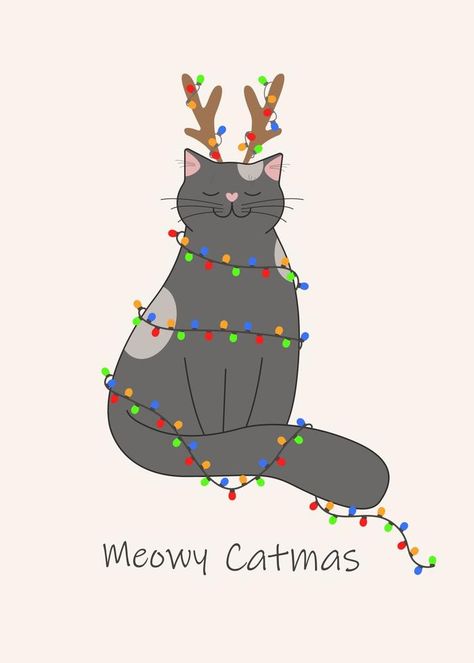 Gray cat sits wrapped in a garland and with deer antlers on its head. Greeting winter card for Christmas holidays Christmas Cat Illustration, Christmas Cat Card, Cat Christmas Cards, Merry Christmas Cat, Card For Christmas, Christmas Illustrations, Christmas Card Art, Gray Cat, Cat Holidays