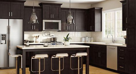 Franklin Manganite | Home Decorators Cabinetry Galley Kitchen Renovation, Diy Kitchen Cabinets Makeover, Espresso Kitchen Cabinets, Unfinished Cabinets, Stock Kitchen Cabinets, Espresso Cabinets, Semi Custom Cabinets, Espresso Kitchen, Shaker Door Styles