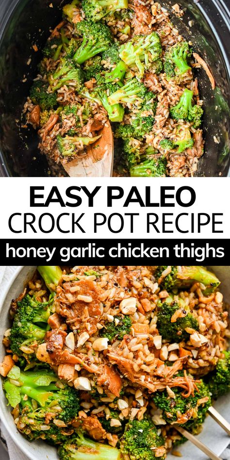 Paleo Honey Garlic Chicken, Boneless Chicken Thighs Crockpot, Paleo Slow Cooker Chicken, Chicken Thighs Slow Cooker Recipes, Paleo Crockpot Chicken, Paleo Crock Pot, Easy Paleo Chicken, Paleo Slow Cooker Recipes, Garlic Chicken Thighs