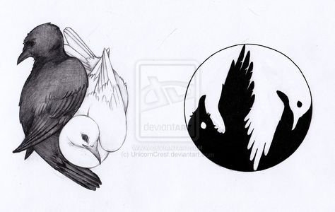 Raven/Dove Yin-yang Samples by UnicornCrest on DeviantArt Raven Dove Tattoo, Dove And Crow Tattoo, Dove Raven Tattoo, Doves And Ravens Fly The Same Tattoo, Yin Yang Bird Tattoo, Raven And Dove Tattoo, Dove And Raven Tattoo, Drum Painting, Bird Of Paradise Tattoo