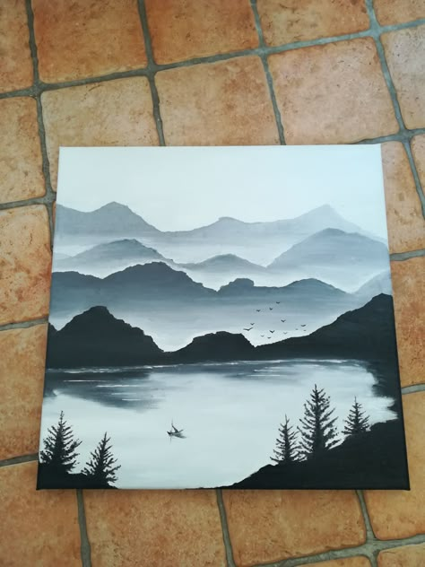 Mountains And Water Painting, Misty Mountains Painting Acrylic, Black And White Mountain Art, Large Painting Ideas Easy, Black And White Canvas Art Acrylic Paintings, Black And White Painting Ideas Easy, Canvas Painting Ideas Mountains, Easy Painting Ideas On Black Canvas, Black And White Painting Acrylic Easy