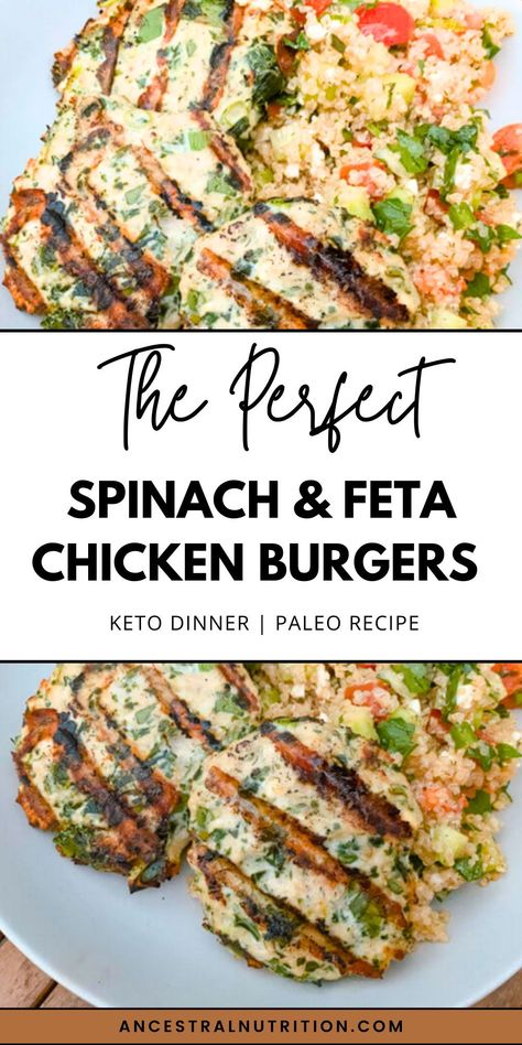 Try these anti-inflammatory Spinach & Feta Chicken Burgers made with wholesome ingredients like ground chicken, fresh spinach, and creamy feta. Paleo, low-carb, and perfect for Mediterranean diet followers, they make meal prep a breeze. Save for clean eating inspiration! Easy Healthy Sunday Dinner, Simple Healthy Dinner Ideas Clean Eating, Healthy Simple Meals Clean Eating, Meal Ideas With Spinach, Healthy Dinner High Protein Low Carb, High Protein Meals Paleo, Ground Chicken And Feta Recipes, Spinach Feta Chicken Burgers, Paleo Recipes Meal Prep