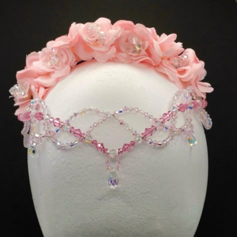 Handmade crystal ballet headpiece in pink and crystal.  Made with Preciosa crystal beads for maximum sparkle!   Two separate pieces allows for flexibility - wear the flowers in front or behind hair bun, or wear the beaded headpiece alone! Can be created in multiple colors (see photo for examples).  Featured headpiece is in Pink with Pink Flowers and Crystal accents. Length of front headpiece from end to end is approximately 16 inches (40 cm).  Length of flower portion is 6.5 inches (14 cm).  Inc Crystal Head Piece, Awakening Of Flora, Flower Crown Ideas, Ballet Crowns, Fairy Headpiece, Ballet Headpieces, Beaded Headpiece, Pretty Jewelry Necklaces, Dragon Earrings