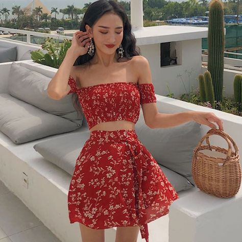 EROPIA Set: Smocked Cropped Top + Wrap Skirt | YesStyle K Fashion, Crop Top Outfits, Cute Summer Outfits, Girly Fashion, Girly Outfits, Teen Fashion Outfits, Looks Vintage, Asian Fashion, Cute Casual Outfits