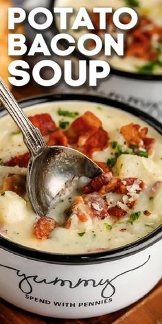 Potato Bacon Soup Recipe, Potato And Bacon Soup, Creamy Potato Bacon Soup, Bacon Potato Soup, Easy Cauliflower Soup, Chili Recipe Stovetop, Bacon Soup Recipes, Potato Bacon Soup, Potato Bacon