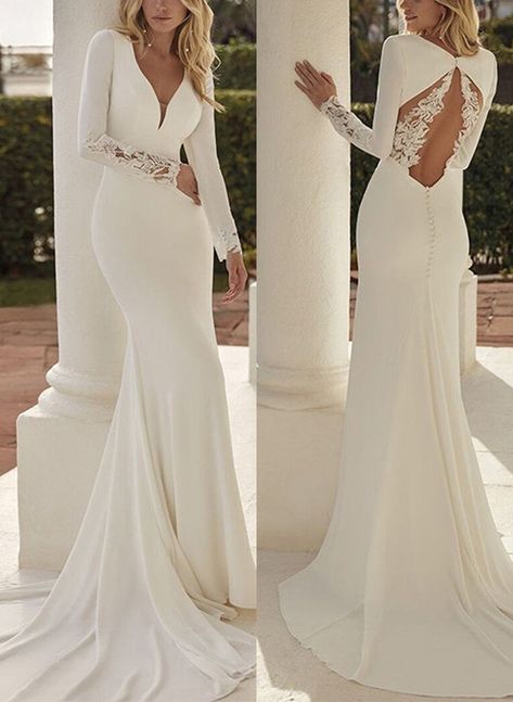 Trumpet/Mermaid V-Neck Long Sleeves Elegant Lace/Elastic Satin Wedding Dresses - Missacc Elegant Winter Weddind Dress, Elegant V-neck Maxi Dress With Sweep Train, Long Sleeve Wedding Gown With Satin Finish, Long Sleeve Lace Top Satin Bottom Wedding Dress, November Wedding Dress, V-neck Wedding Maxi Dress With Sweep Train, Wedding Dresses For Curvy Brides, November Wedding Dresses, Ordinary Products