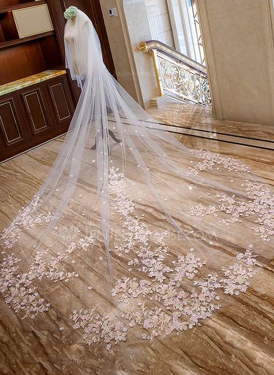 [AU$ 211.70] Two-tier Lace Applique Edge Cathedral Bridal Veils With Lace Wedding Veil With Lace, Veils Cathedral, Cathedral Length Wedding Veil, Veil With Lace, Beaded Wedding Veils, Lace Cathedral Veil, Fingertip Wedding Veils, Ivory Bridal Veil, Cathedral Wedding Veil